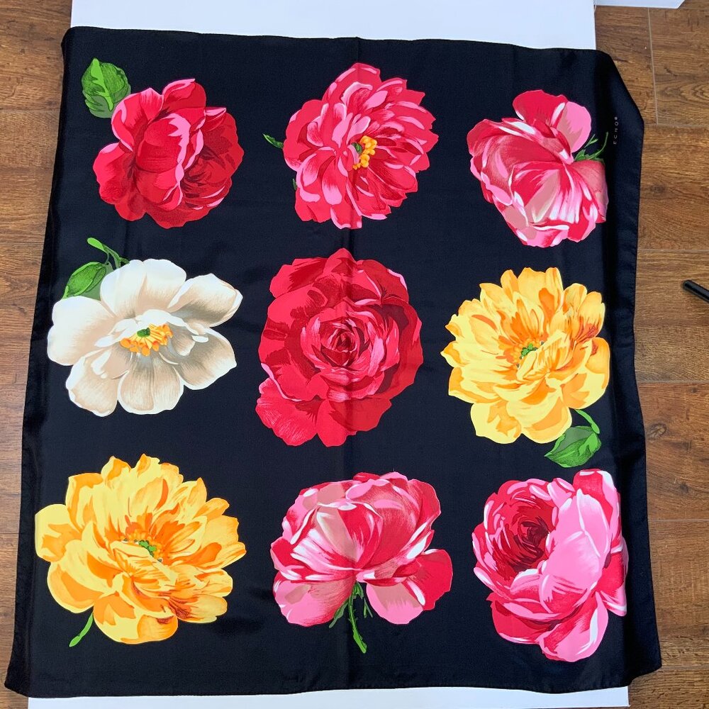 ECHO Large Square Silk Scarf Rose Blossons on Black Background 35" - Picture 4 of 16
